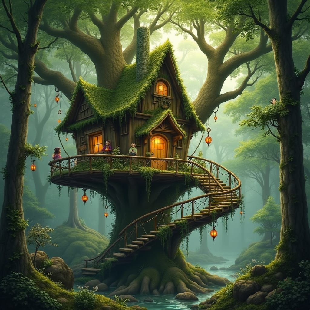 Enchanted Treehouse in Whimsical Forest Scene