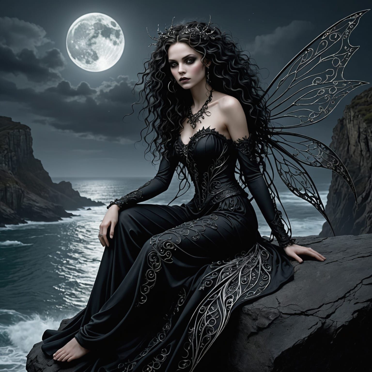 Gothic Fairy on Cliff at Moonlit Ocean