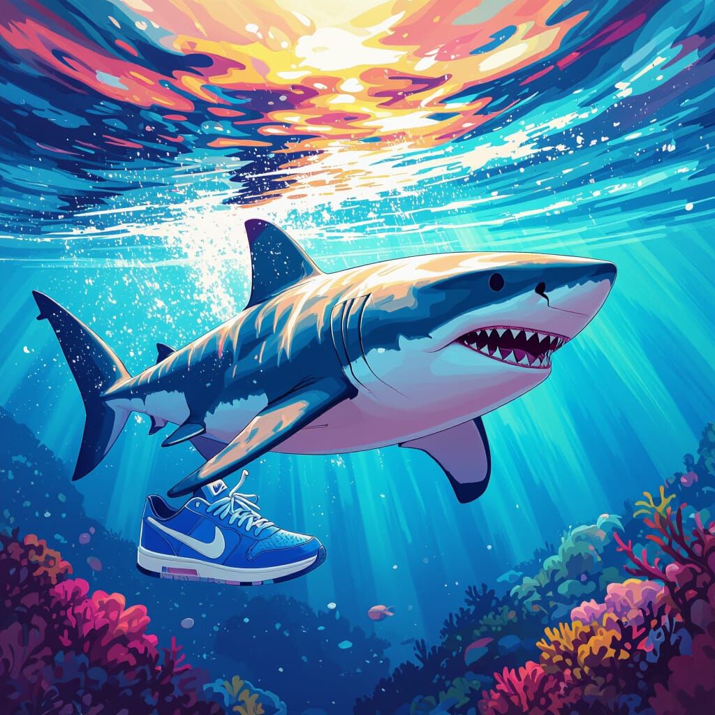 Shark with Blue Nikes in Digital Painting Style