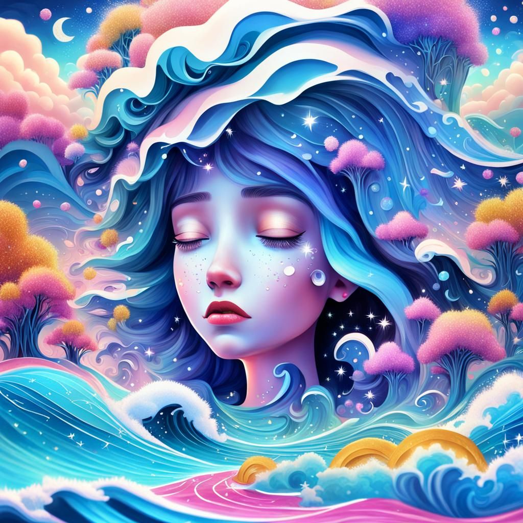 Surreal 3D Dreamscape with Crying Face