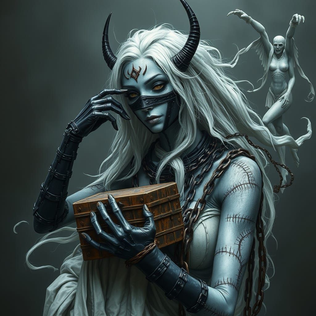 Cyborg Pandora with Ghostly Wisps in Dark Fantasy Style