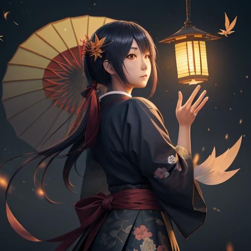 Anime Girl Releases Lantern with Paper Cranes