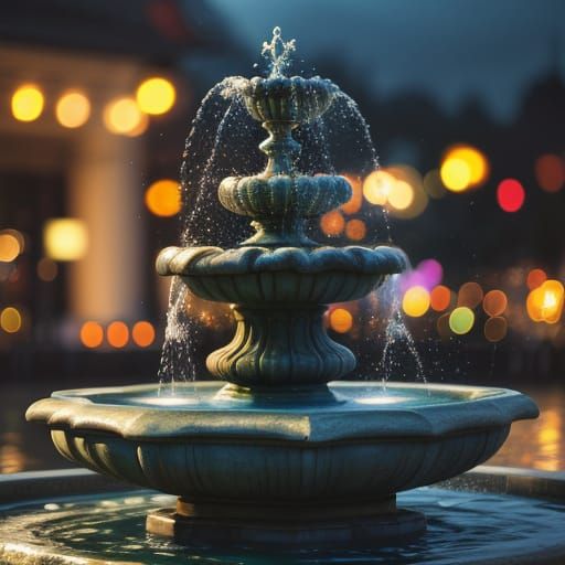 Whimsical Fountain with Vivid Colors and Bokeh