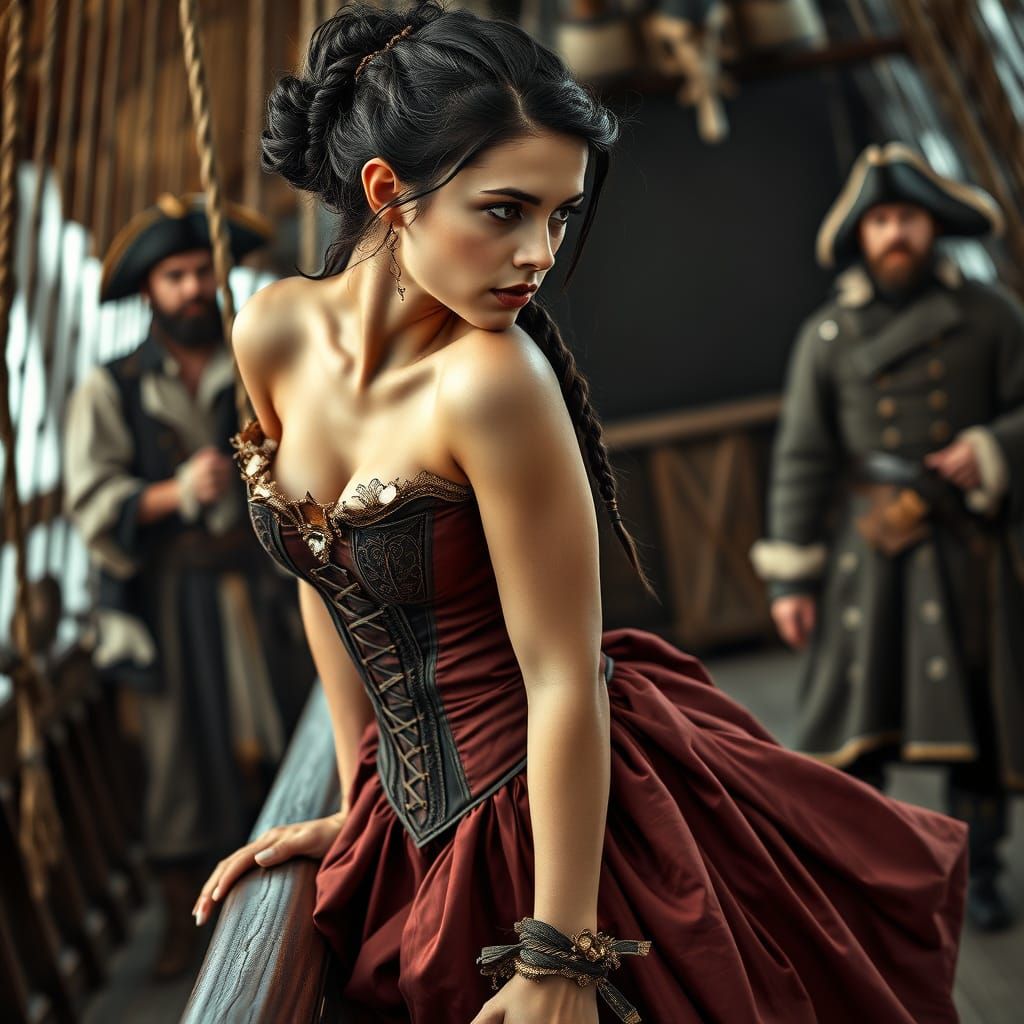 Woman in Pirate-Themed Steampunk Corset on Ship