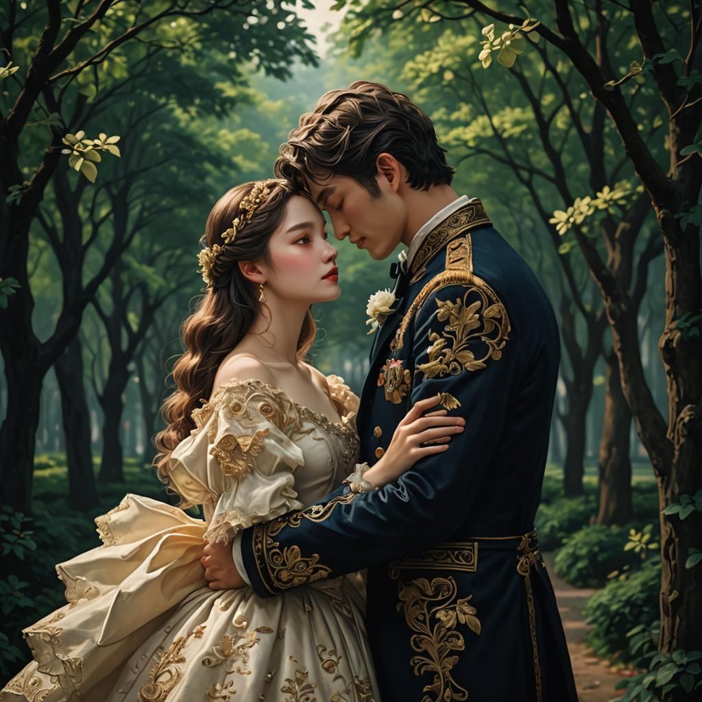 Romantic Lovers Embrace in Floral Meadow