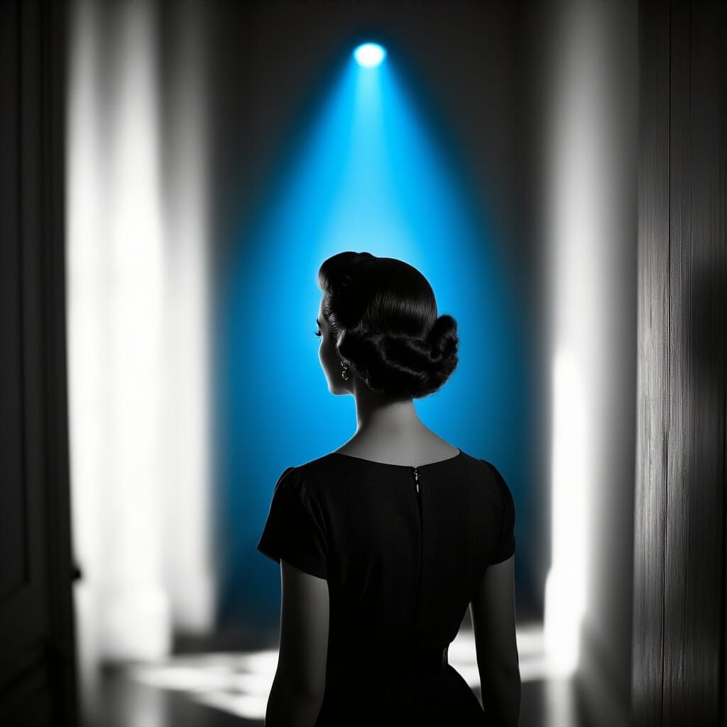 Monochrome Woman Enters Blue Light Room: Vintage Photography
