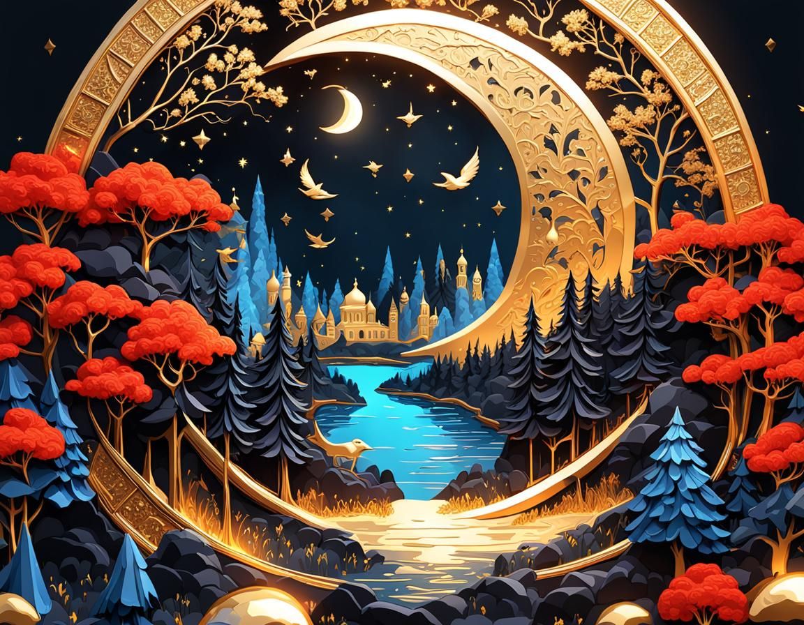 Crystal Moon Over Dark Forest: Fantasy Illustration