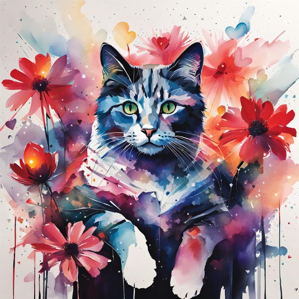 Cat Surrounded by Flowers in Watercolor Style