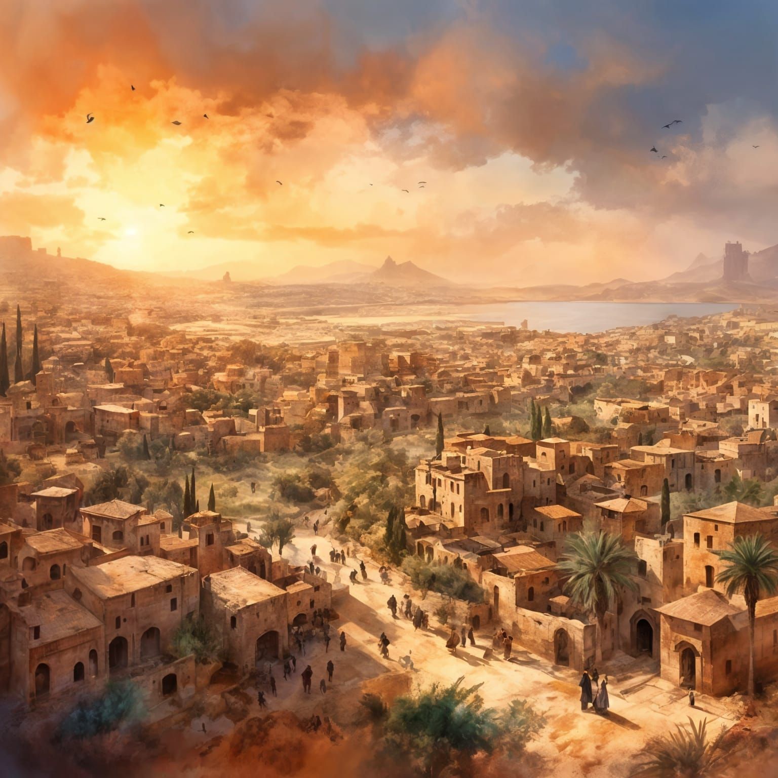 Sunset Over Medieval Oriental City in Watercolor Style
