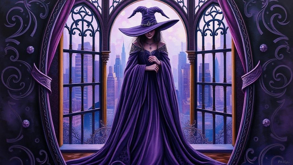 Mystical Purple Witch in Impasto Art Deco Style
