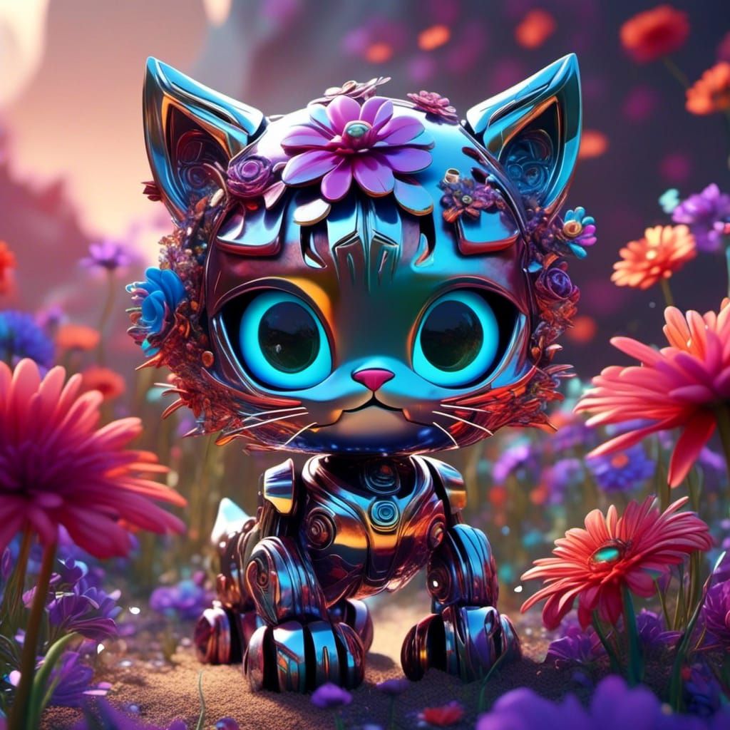 Chrome Robot Kitten in Flowers, Digital Art