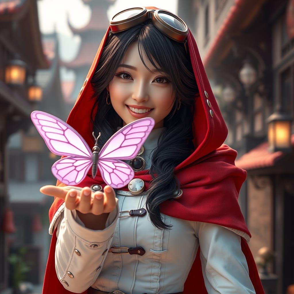 Steampunk Asian Woman with Butterfly Wing, Anime Style