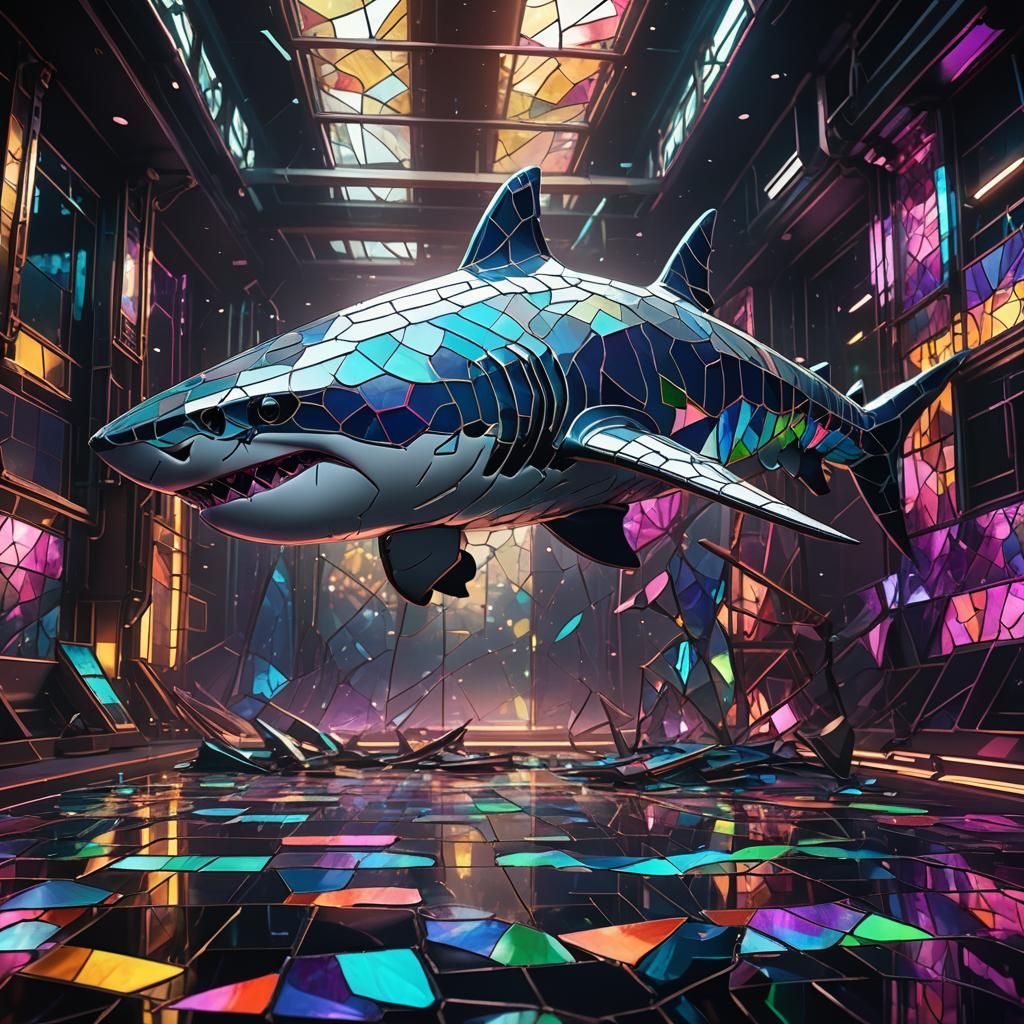 Stained Glass Shark in Sci-Fi Dark Space