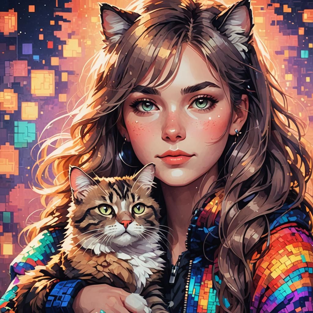 Woman and Cat Portrait in 8-Bit Pixel Art
