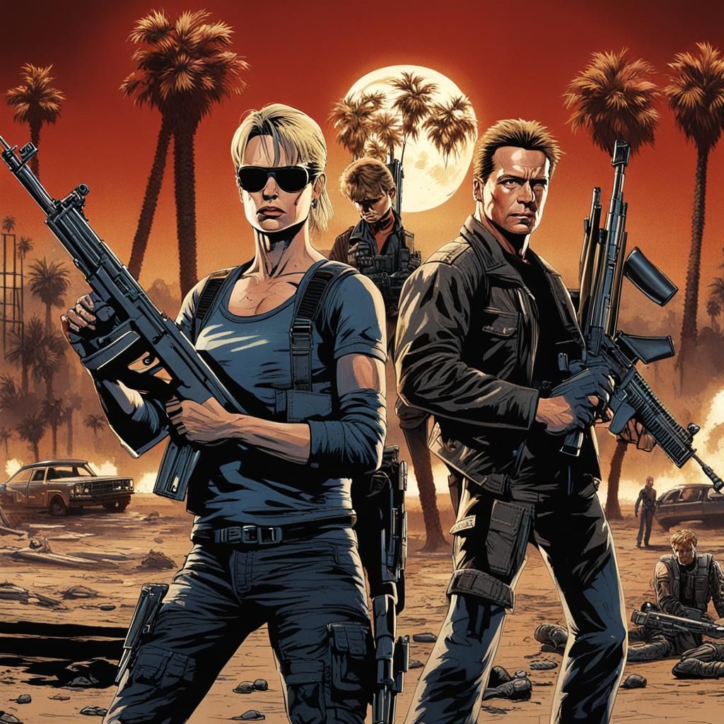 Sarah Connor and T-800 in Los Angeles at Night