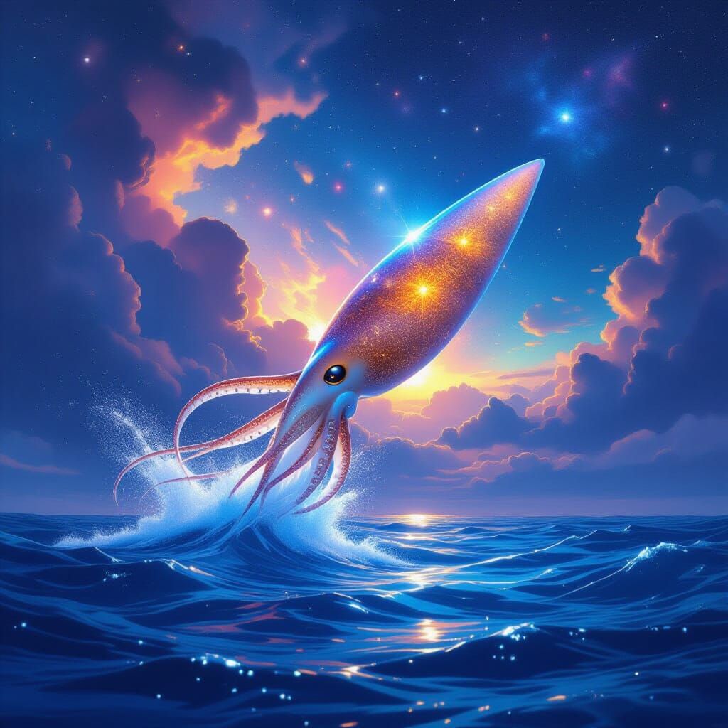 Colossal Squid Breaches Sea of Liquid Starlight
