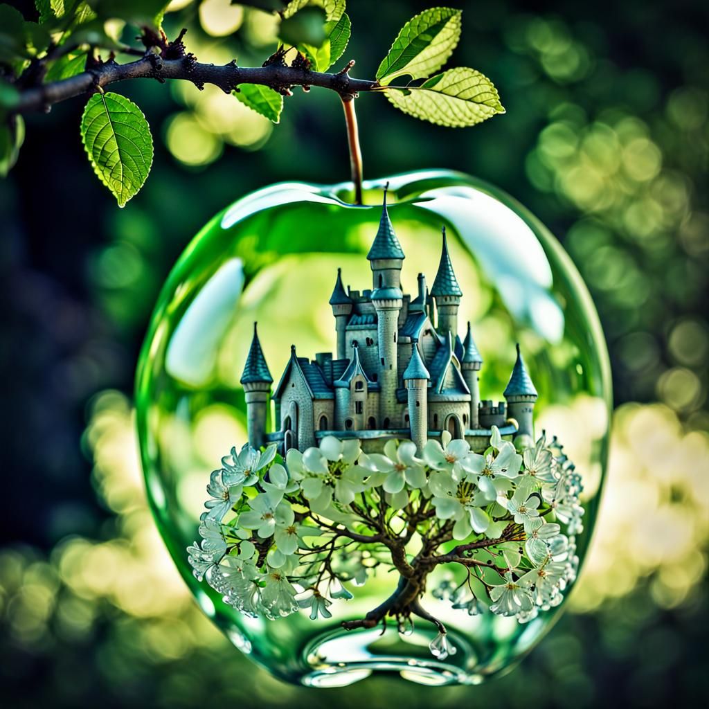 Glass Apple Containing Fairy Castle: Hyperrealistic Image