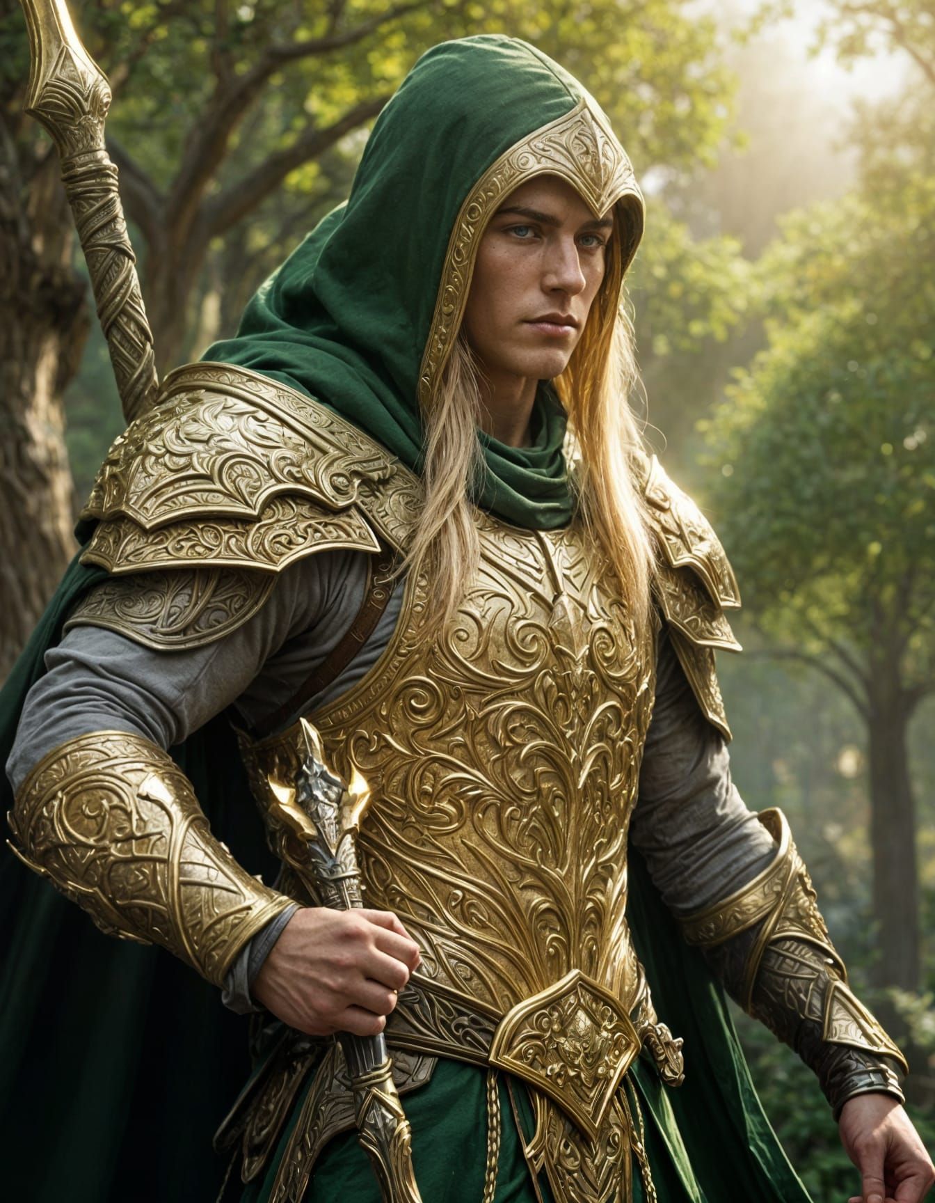 Muscular Elven Warrior with Golden Armor in Fantasy City