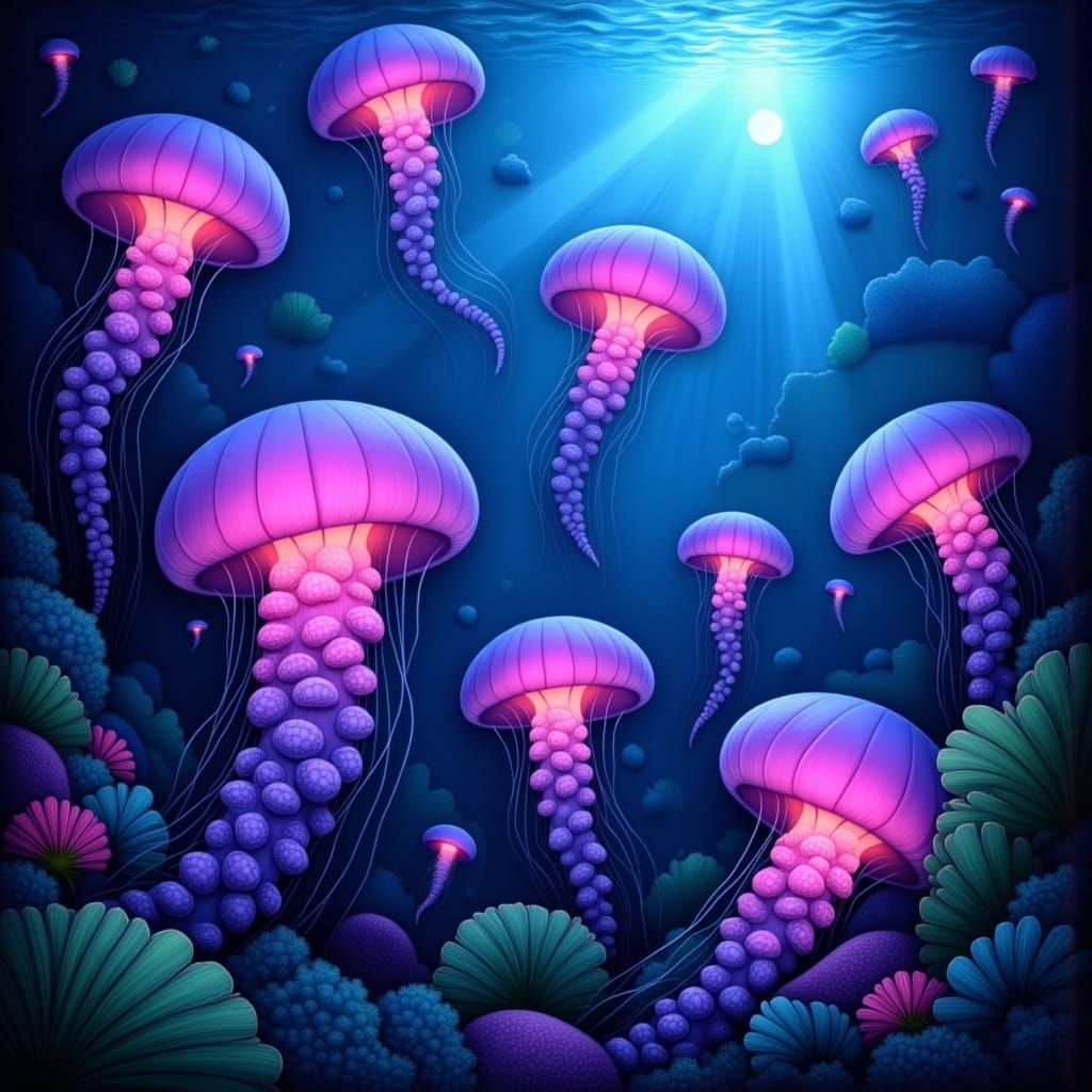 Bioluminescent Jellyfish in Ethereal Underwater World