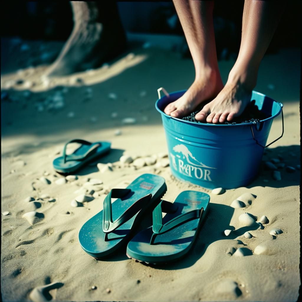 Bucket of Feet Beside Flip Flops in Cinematic Style