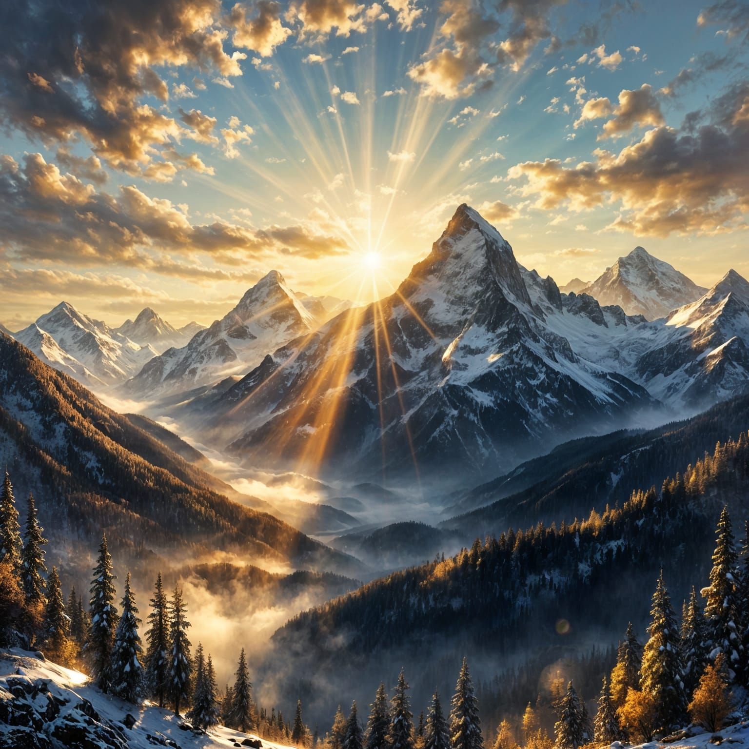 Snowy Mountain Sunrise with Sunburst Effect