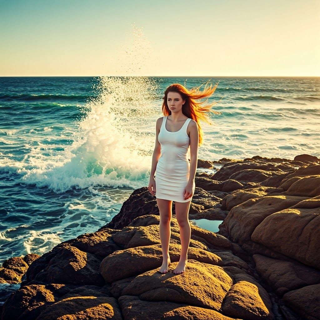 Redhead on Rocky Coast in Golden Light