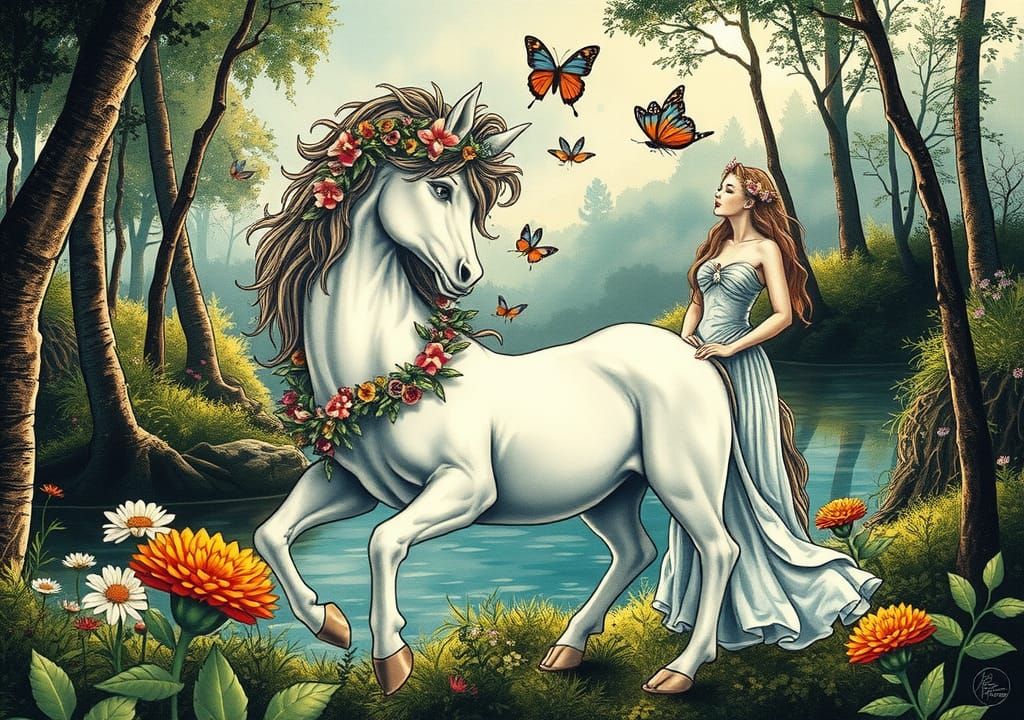 Centaur and Nymph in Ink Splatter Art Style