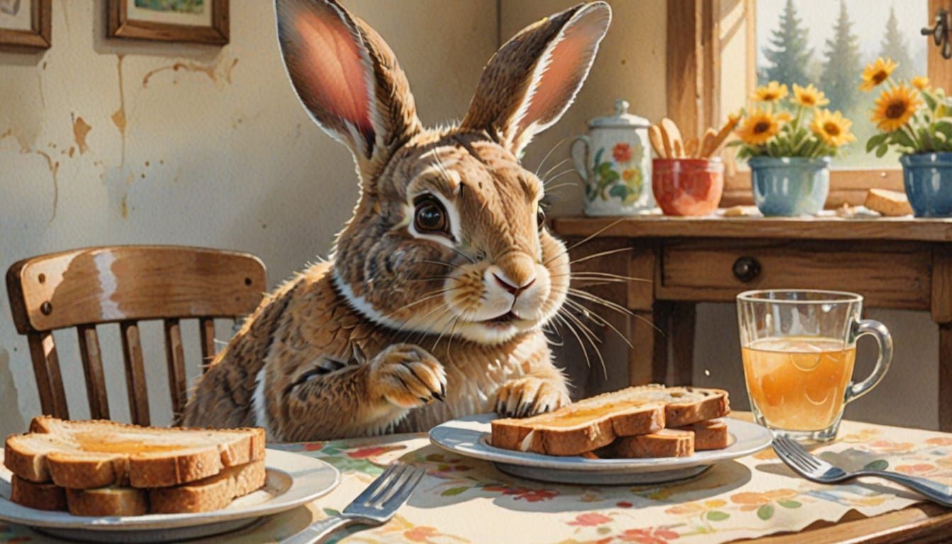 Whimsical Rabbit Eating Toast in Watercolor Style
