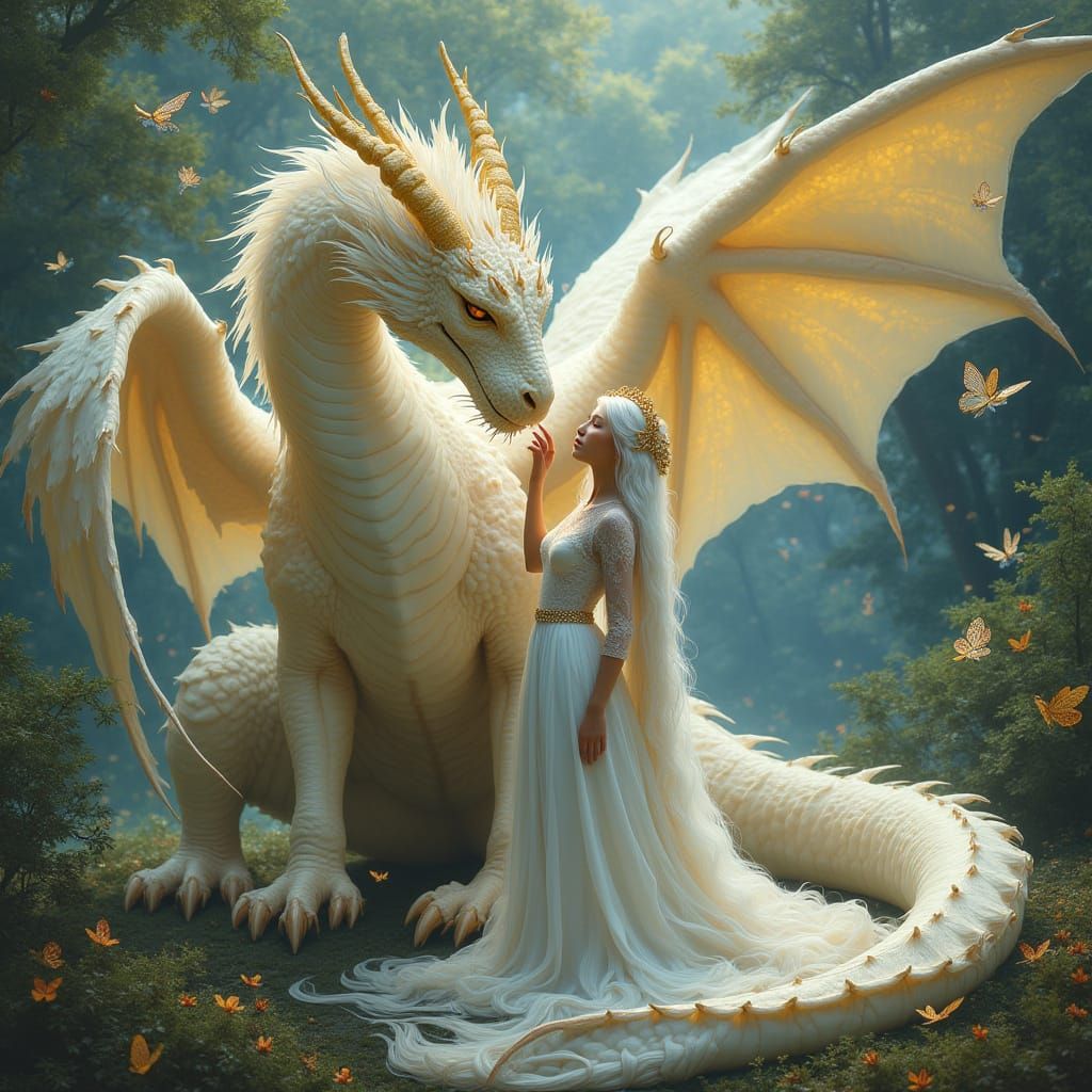 Magnificent Dragon in Serene Beauty with Maiden and Butterfl...