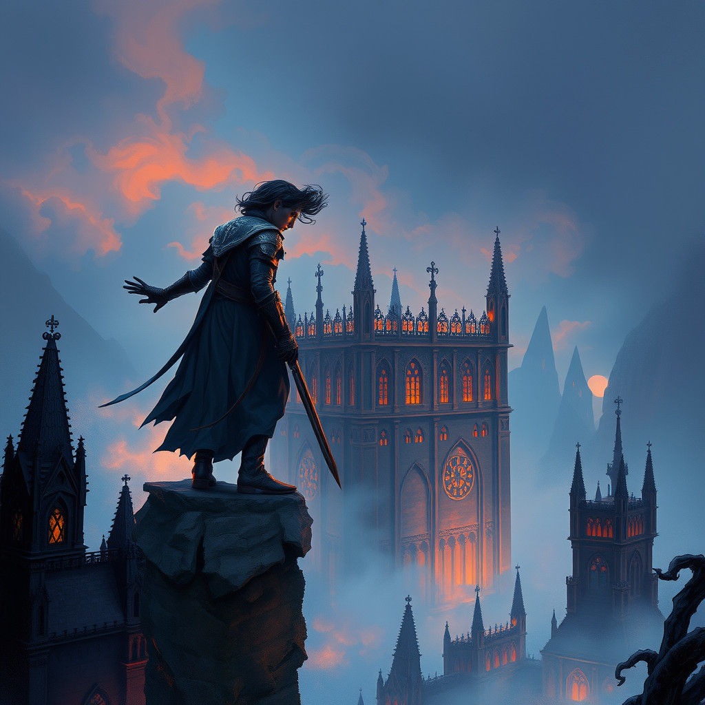 Ethereal Warrior in Gothic Citadel: A Fantasy Matte Painting