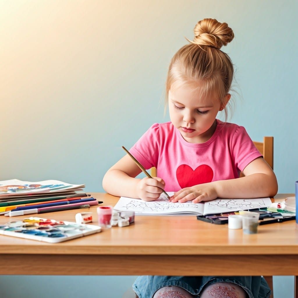 Girl Coloring with Art Supplies in Oil Painting Style