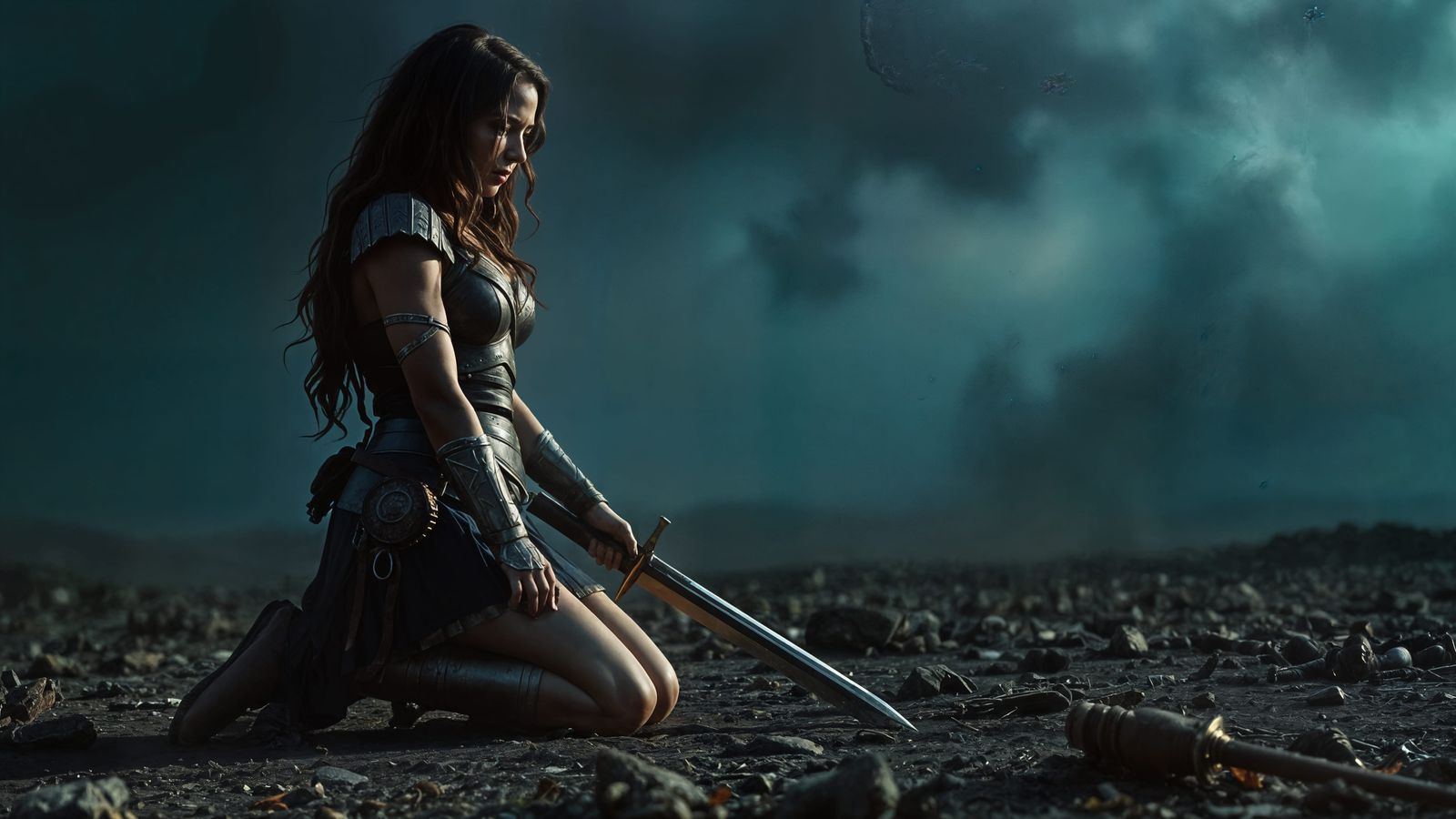 Sad Warrior Woman Kneeling in Defeat