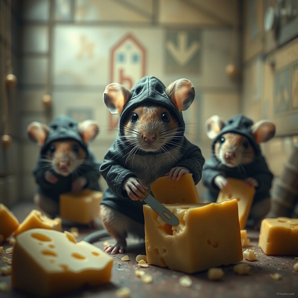 Photorealistic Mice Stealing Cheese in Burglar Costumes