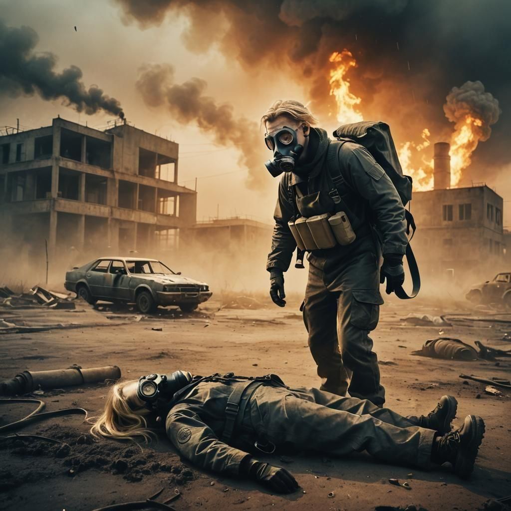 Apocalyptic Survivor with Remains of Woman