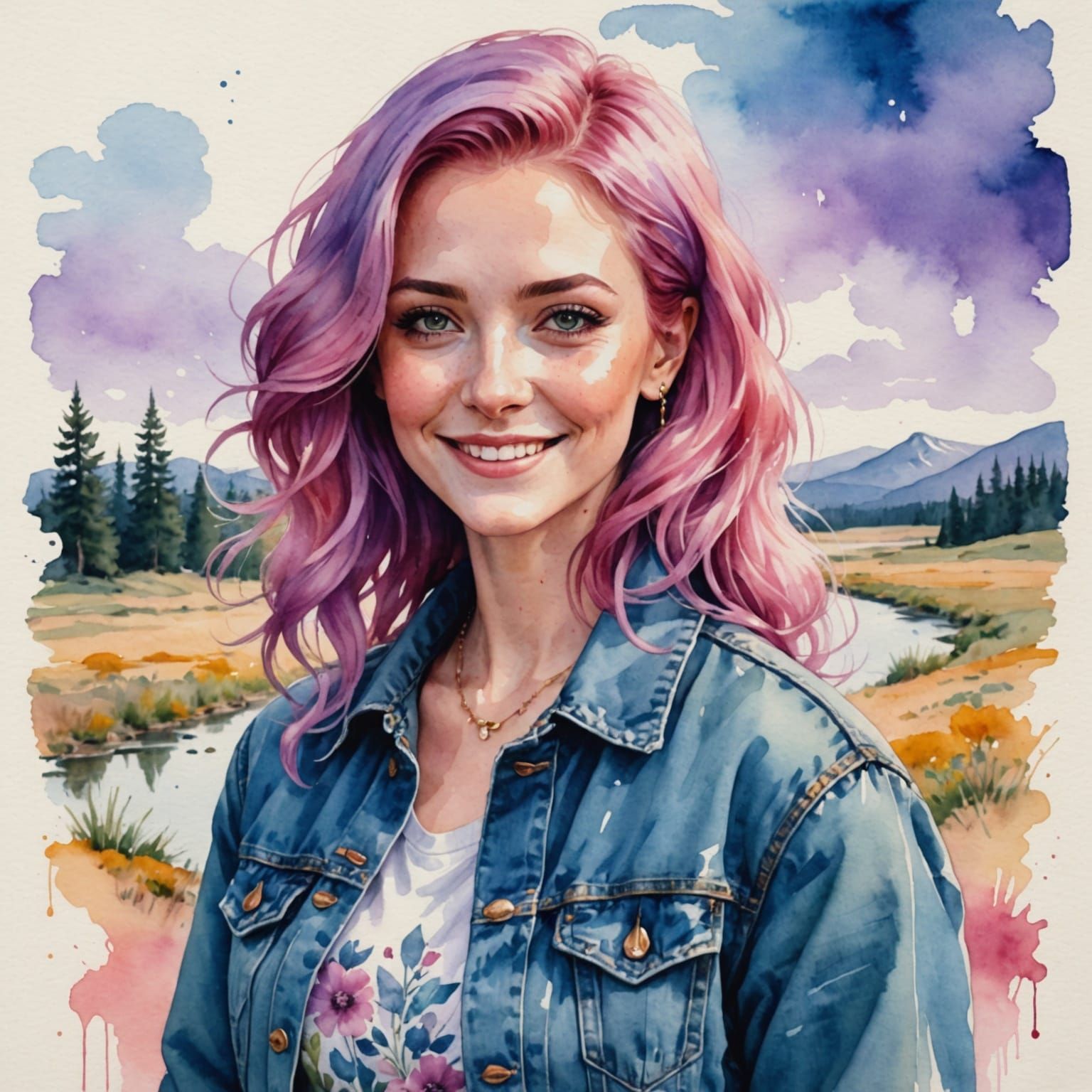 Watercolor Woman Smiling by the Water