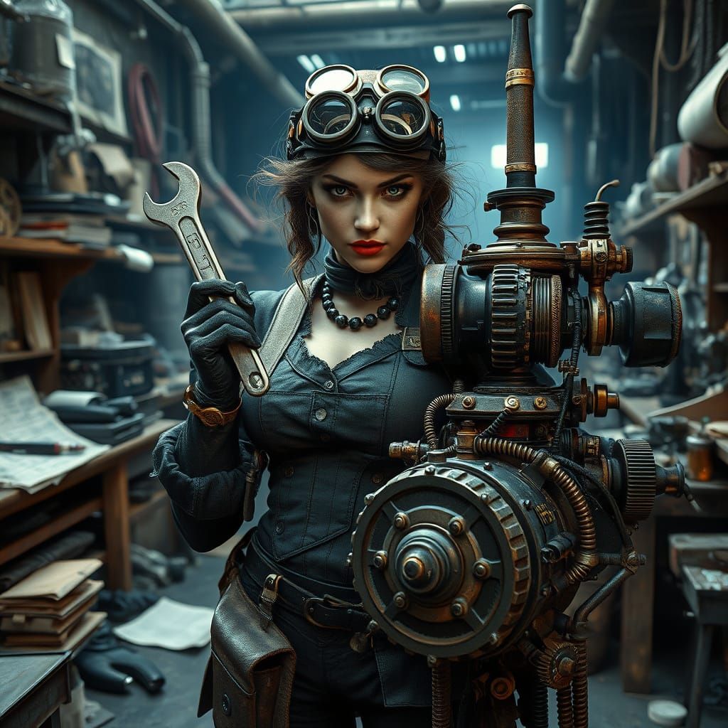 Steampunk Inventor in Workshop: Cinematic Film Still