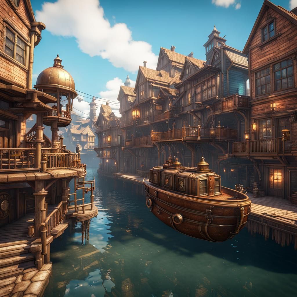 Colorful Steampunk Town on Water in 3D