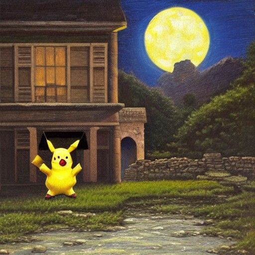 Pikachu Dancing in Moonlight: Vintage Oil Painting
