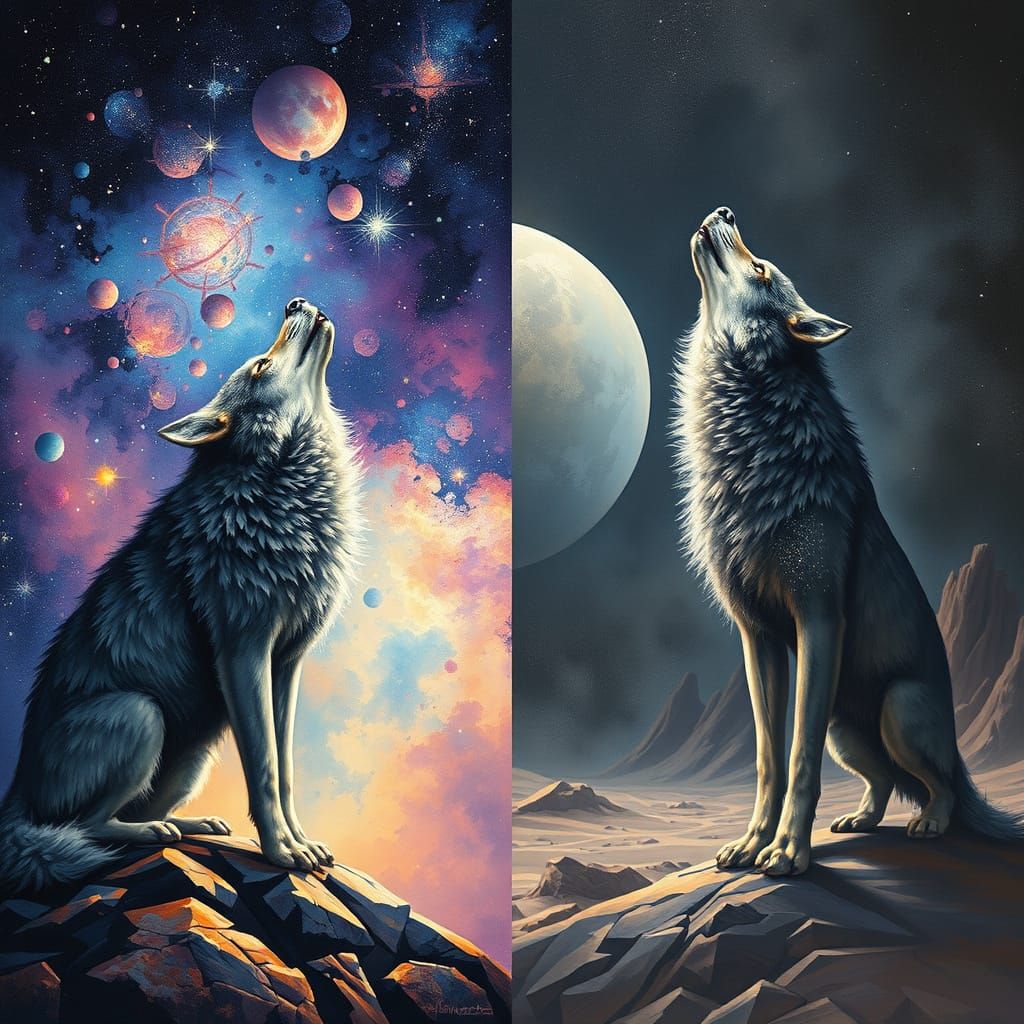Celestial Wolf Between Nebula and Barren Planet