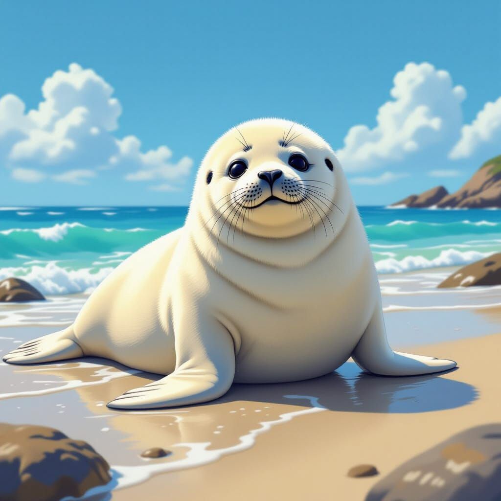 Adorable Fluffy Seal on Sunny Shoreline Digital Art
