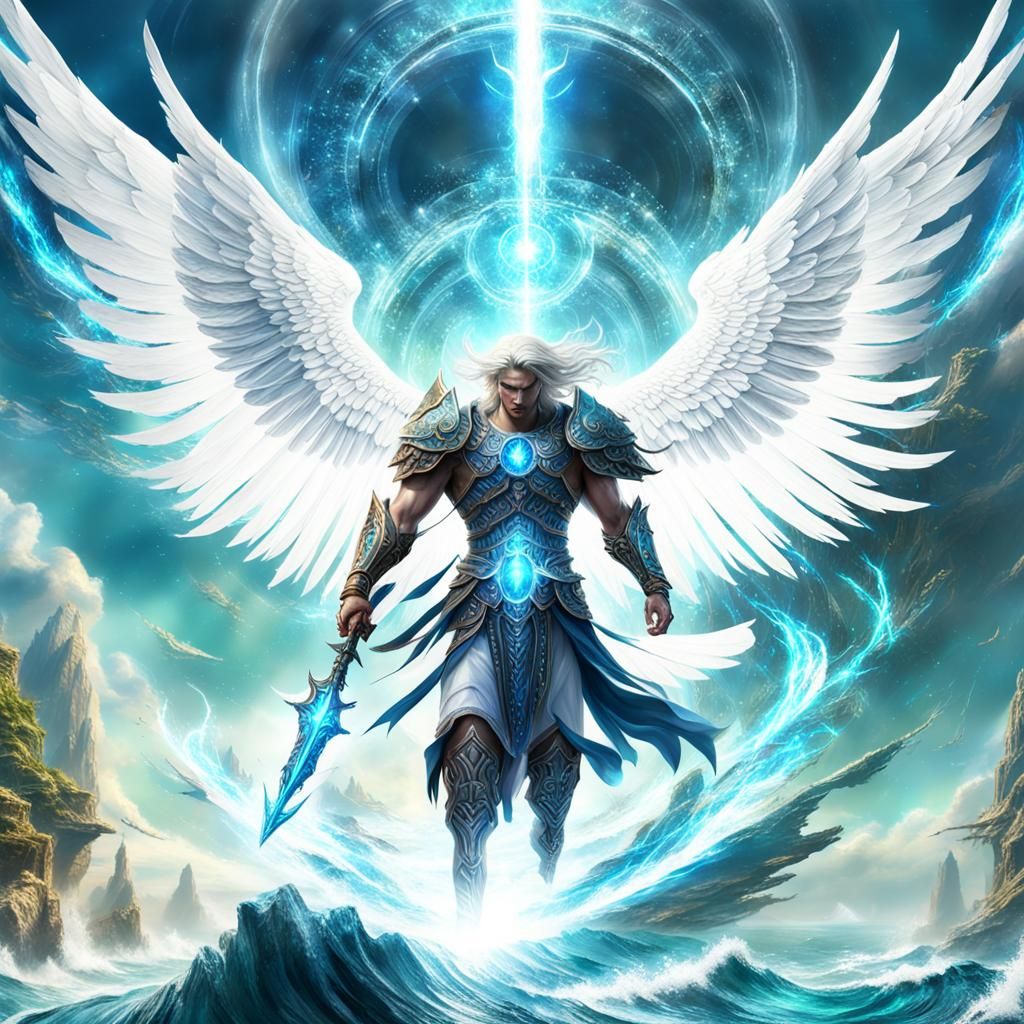 Warrior Angel with White Wings Above Emerald Sea