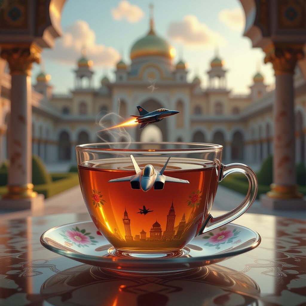 Teacup World: Fighter Jet in a Glass, in Dreamlike Style