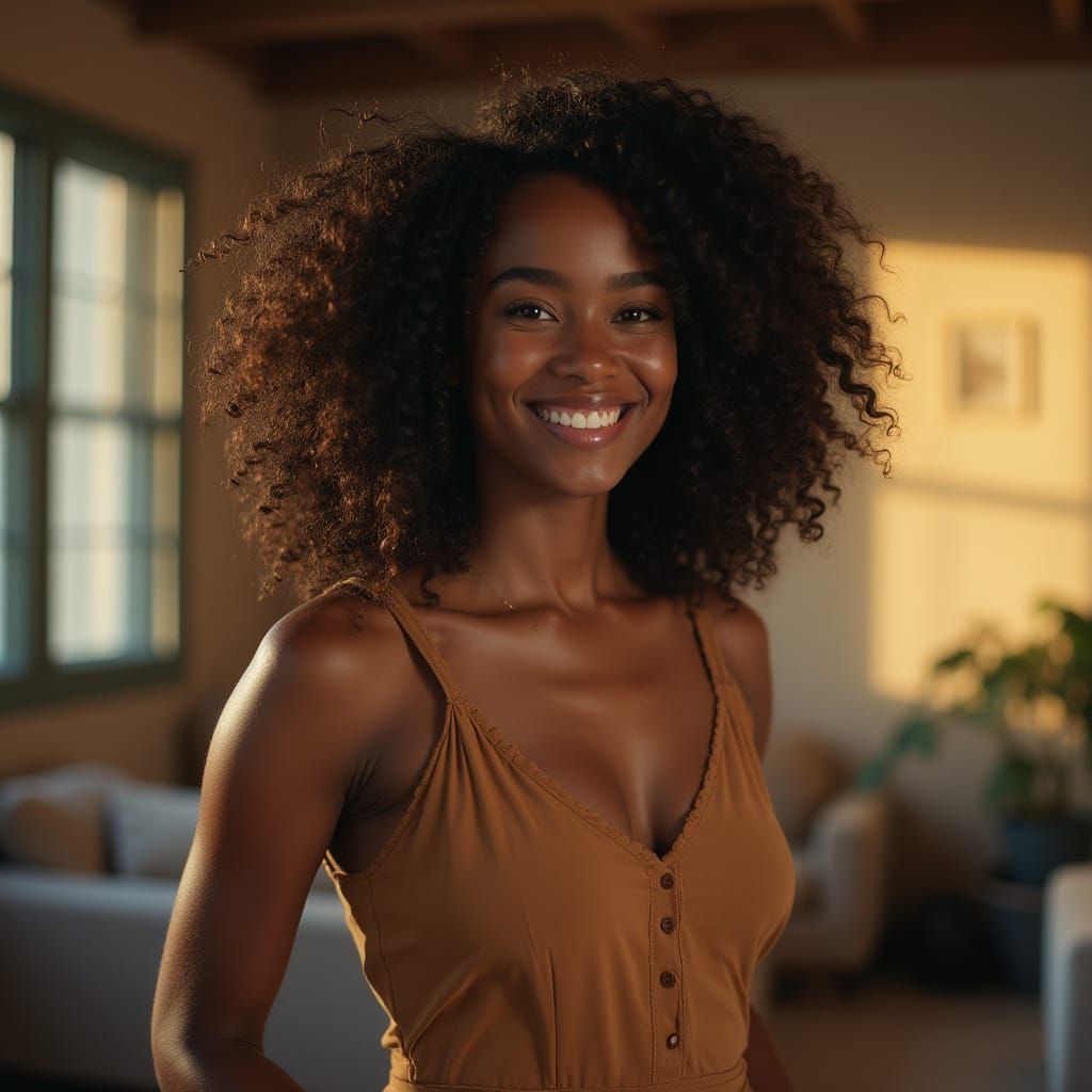 Cinematic Film Still: Smiling Woman Prepares for Work