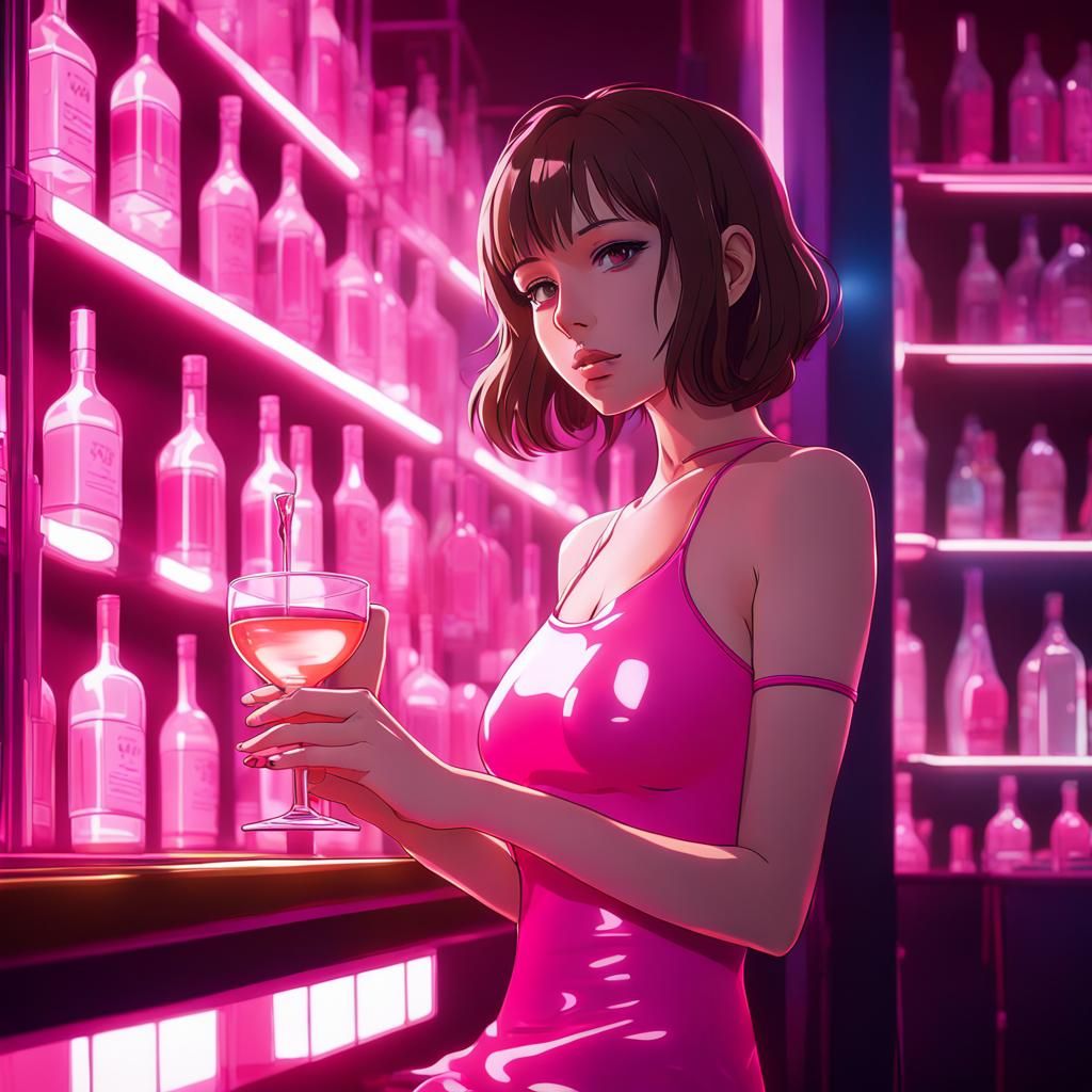 Anime Woman in Pink Dress at Club
