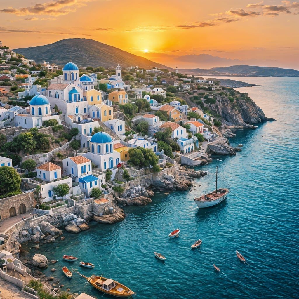 Idyllic Greek Island Scene at Sunset with Seaside Village an...