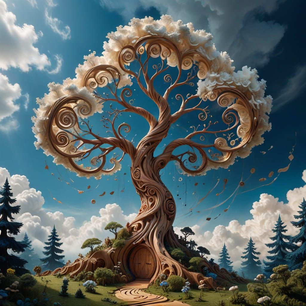 Surreal Twisting Tree Through Paper Clouds