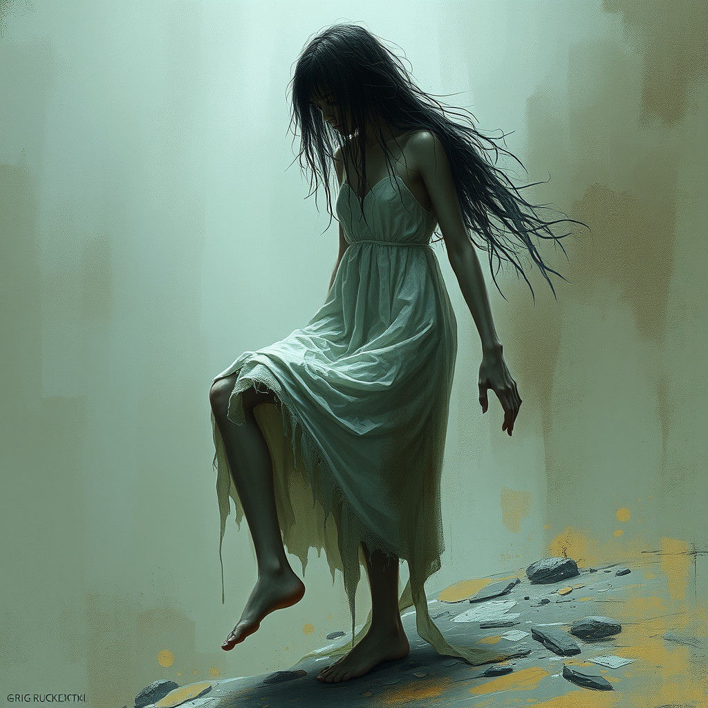 Sinister Barefoot Ghost Girl in Dark Fantasy Style
