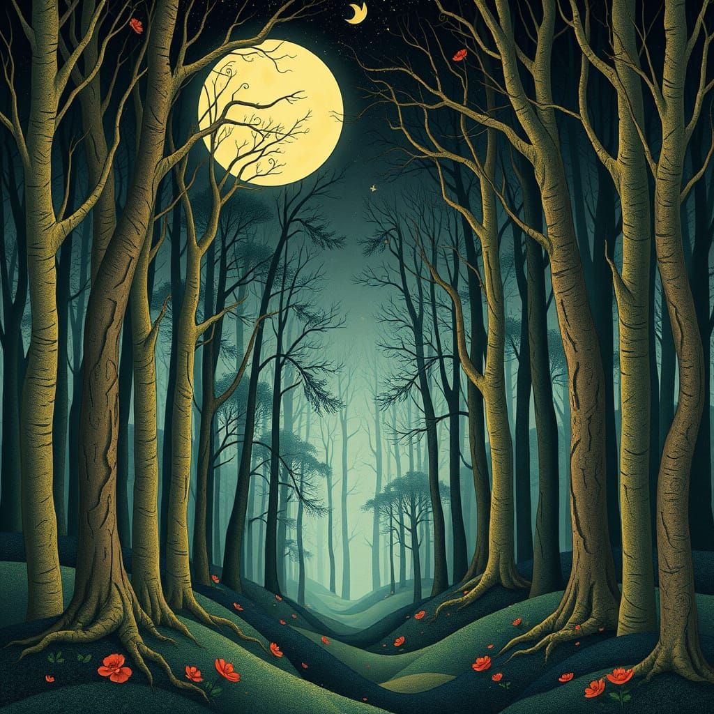 "A whimsical, art nouveau-inspired illustration of a mystical, moonlit forest, reminiscent of Alphonse Mucha's elegant, ...