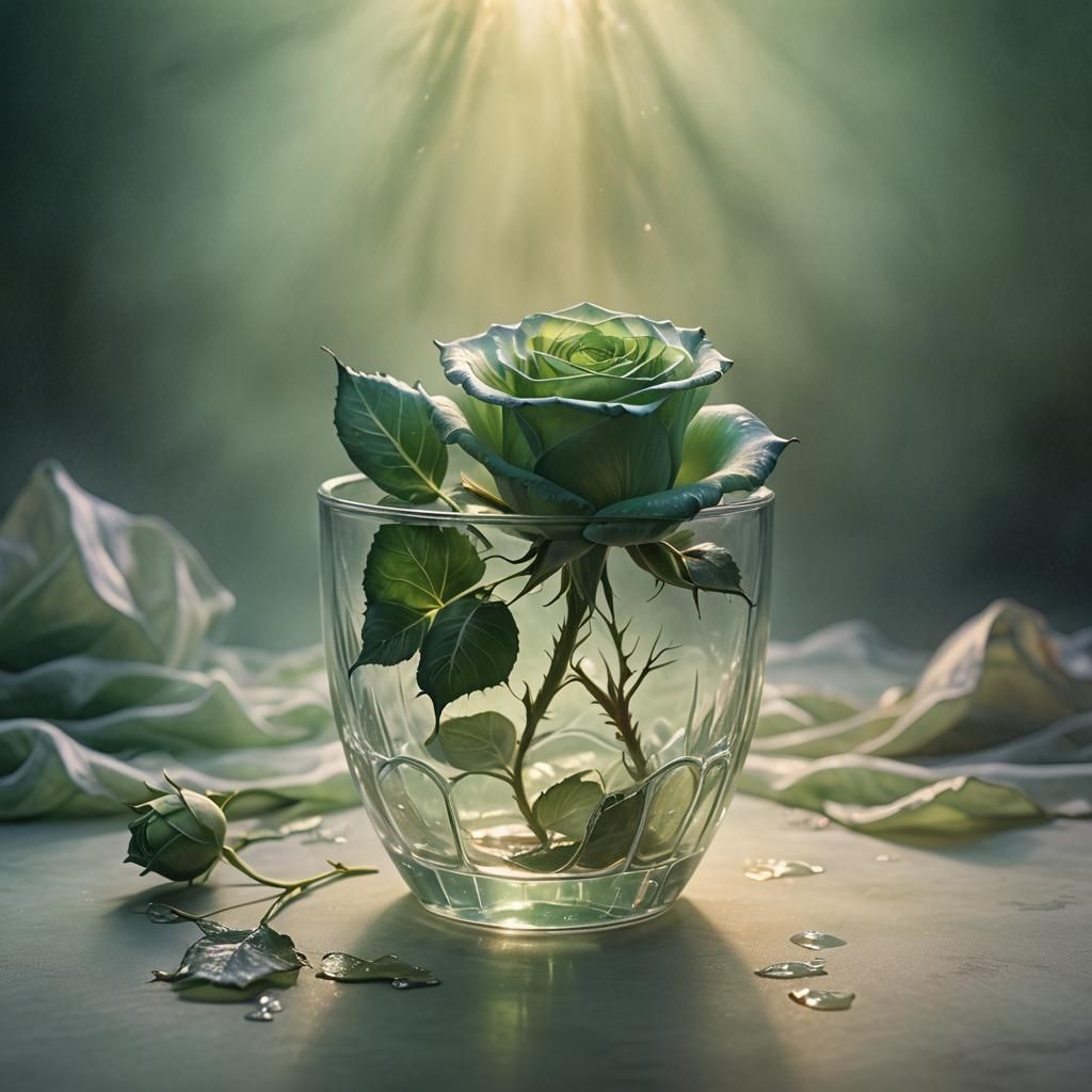 Glowing Green Rose in Glass Container: Fantasy Art