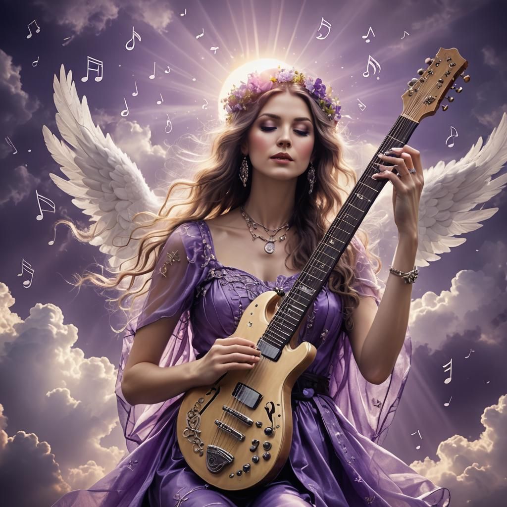 Rock and Roll Goddess dressed in purple with music notes, harp and electric guitar